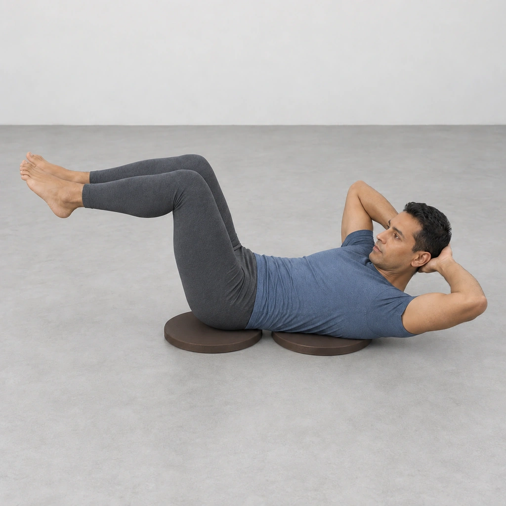 The same man with his spine bent sideways toward his right, his right hip nearer his right shoulder, head up and legs in tabletop.