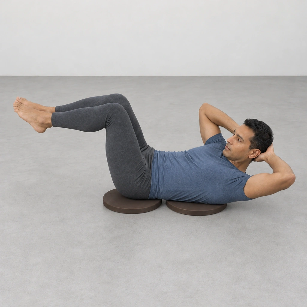 The same man with his spine bent sideways toward his left, his left hip nearer his left shoulder, head up and legs in tabletop.