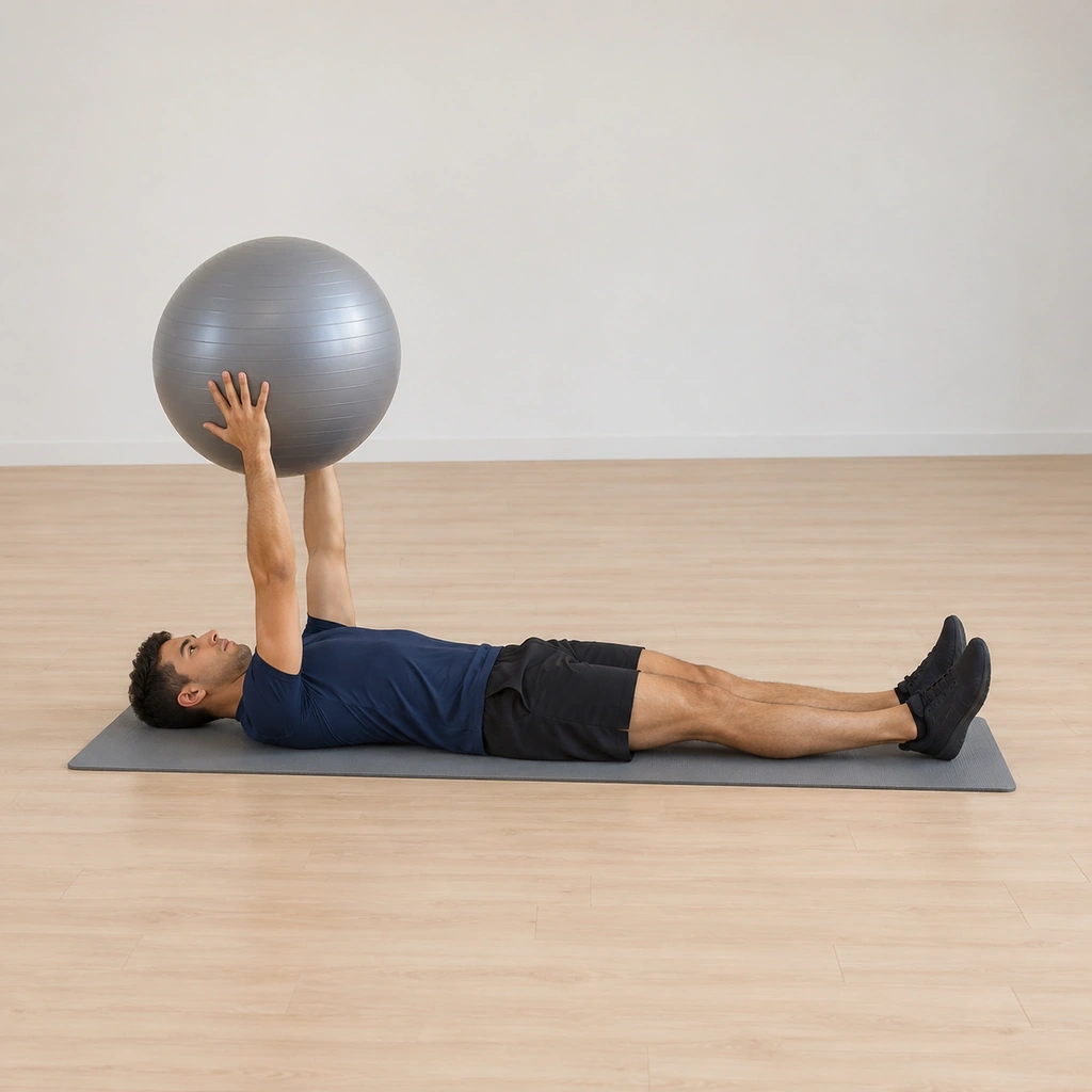 He lies flat on his back on the mat, legs extended together on the floor, the large stability ball held in both hands directly above his face with the arms straight.