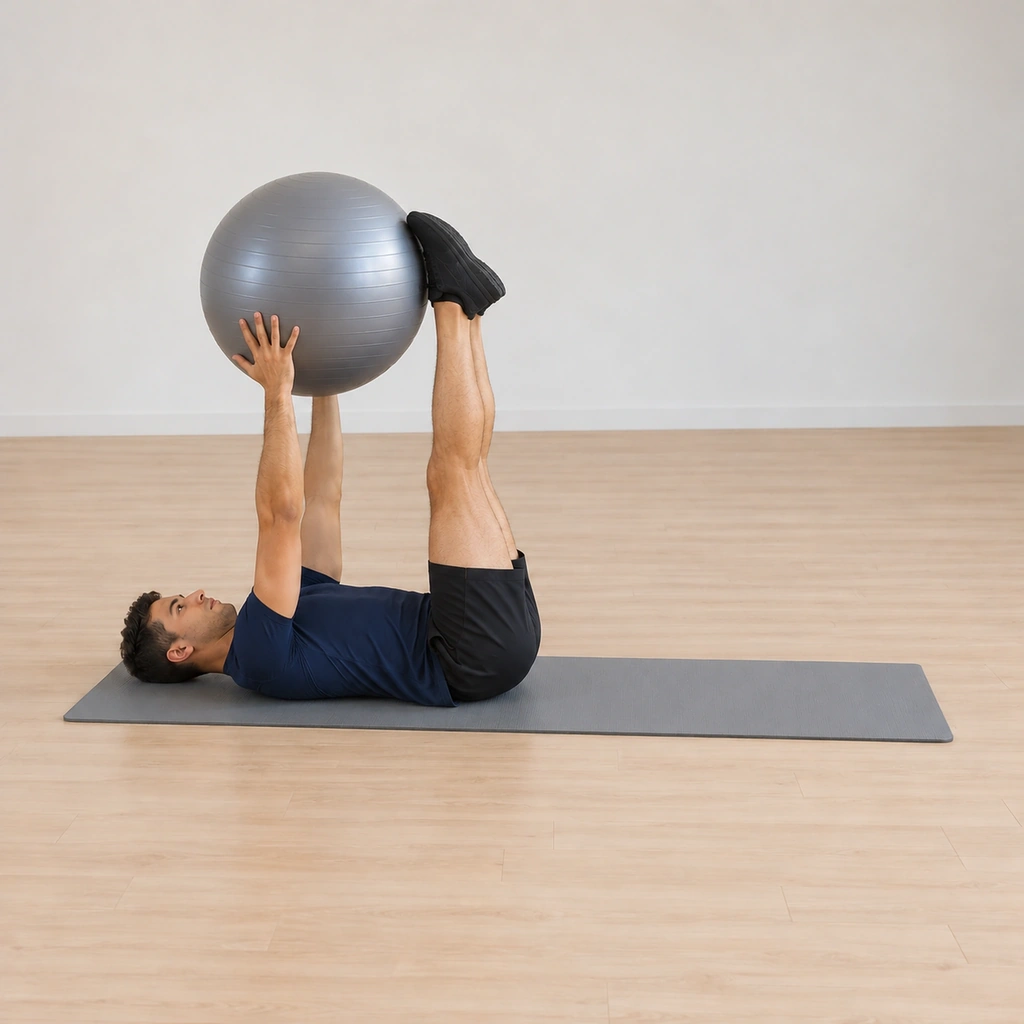 His legs are rising off the floor toward the ball above him, knees nearly straight, his arms still extended upward holding the ball as the feet climb to meet it.