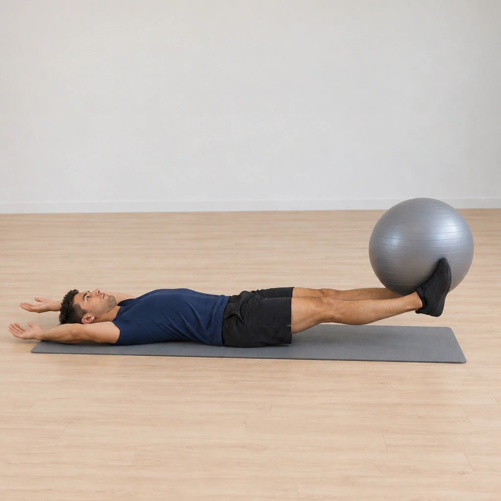 His legs are lowering toward the floor with the ball still gripped between his feet, his arms travelling down toward the floor overhead at the same pace, his back flat and the descent controlled.