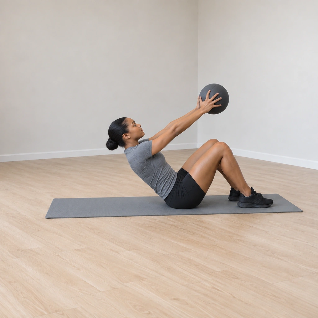 She is beginning to sit up, her shoulders curling off the mat, the ball carried in both hands sweeping forward overhead as the throw begins.