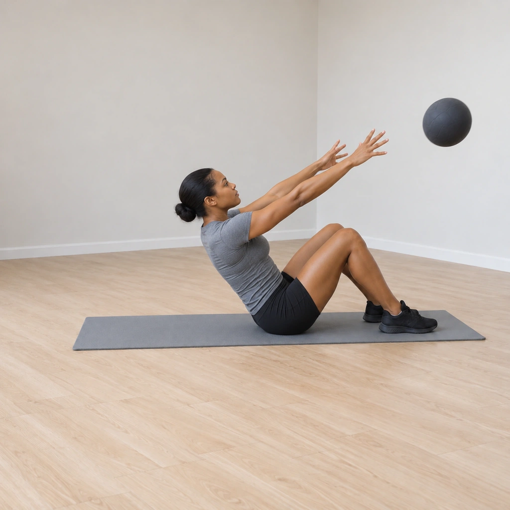 She is sitting up releasing the ball, her arms extended forward, the ball leaving her hands toward the plain wall ahead, her trunk curled upright.