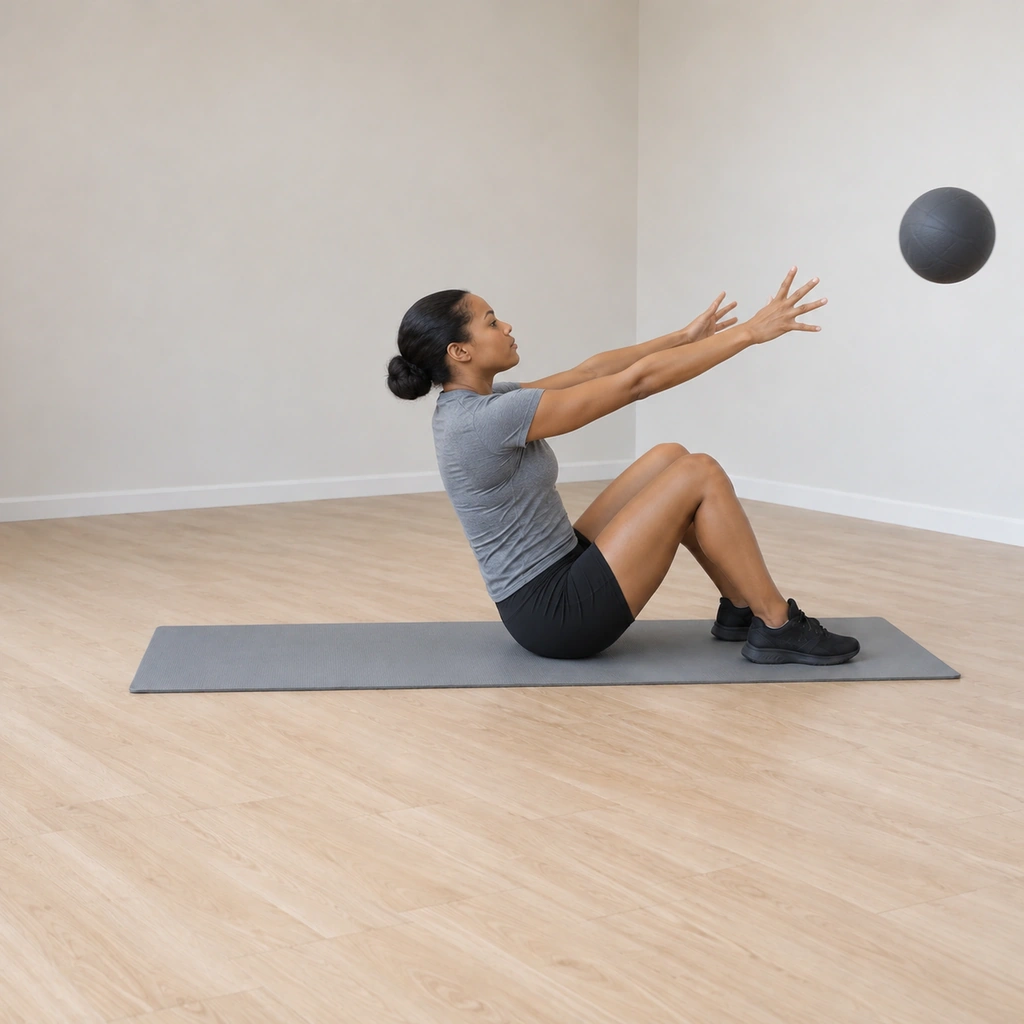 She sits upright on the mat, knees still bent, arms extended forward in the follow-through after the release, facing the wall.