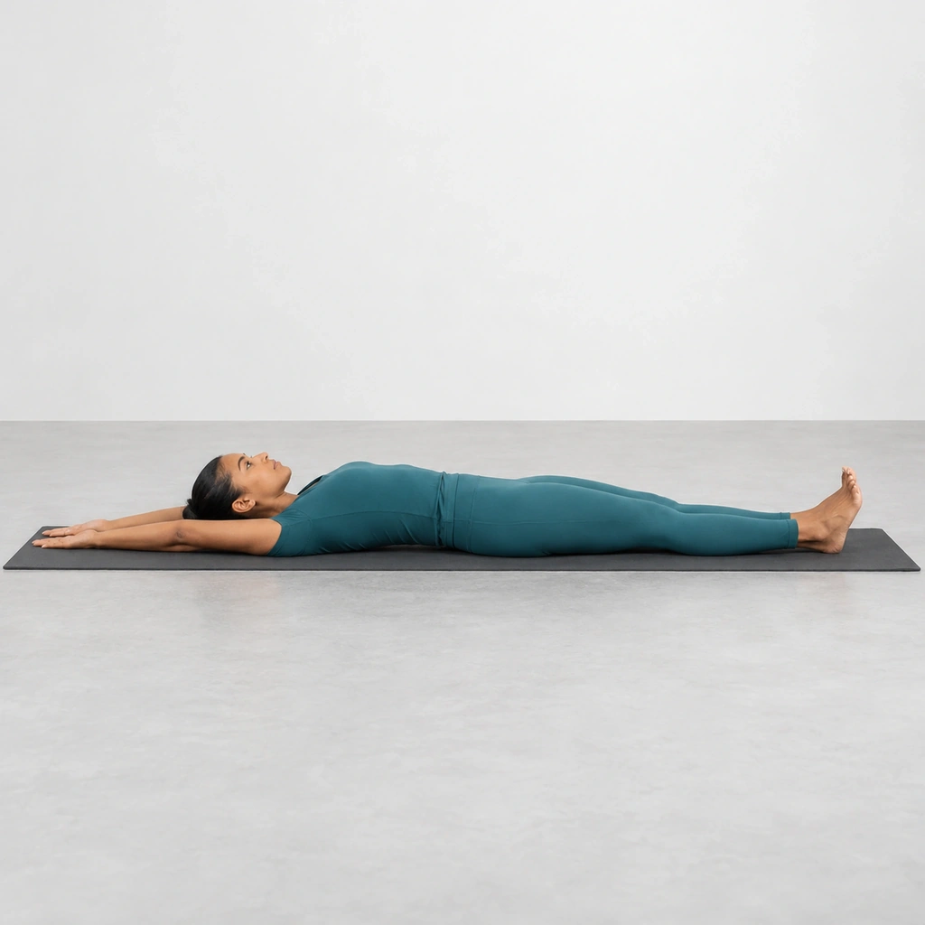 Woman lying full length on her back on a mat with her arms stretched overhead and her legs straight.
