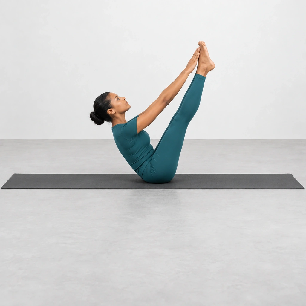 Woman balanced on her hips on a mat with her straight legs and her trunk lifted into a V and her hands near her feet.