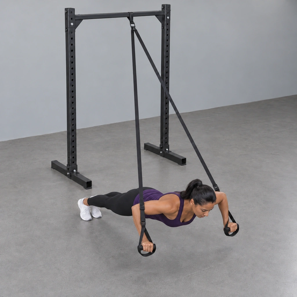 The same woman, now lowered with her elbows bent past 90 degrees, still gripping the suspended strap handles.