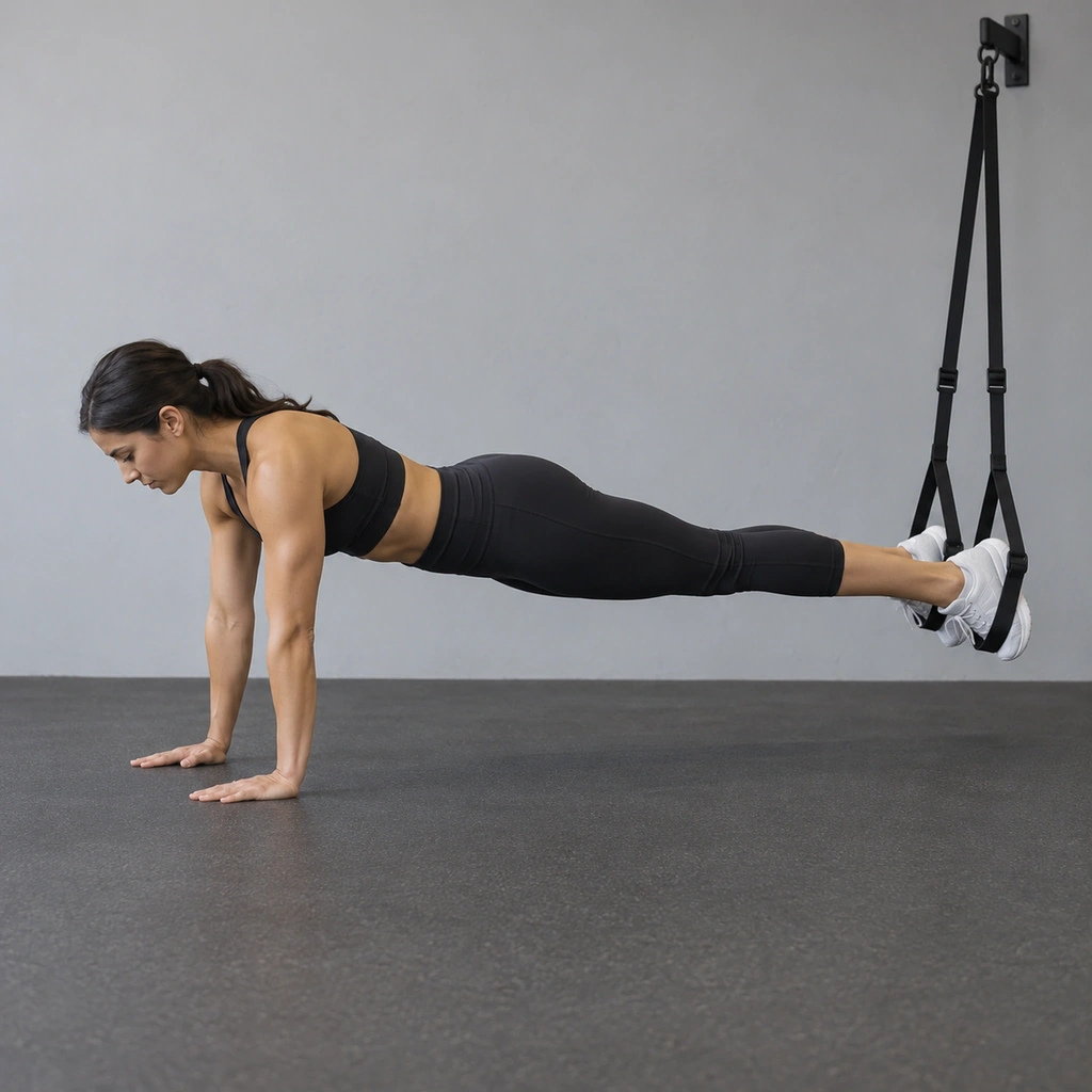 A woman in a push-up plank position, both hands on the floor, both feet suspended in strap handles behind her.