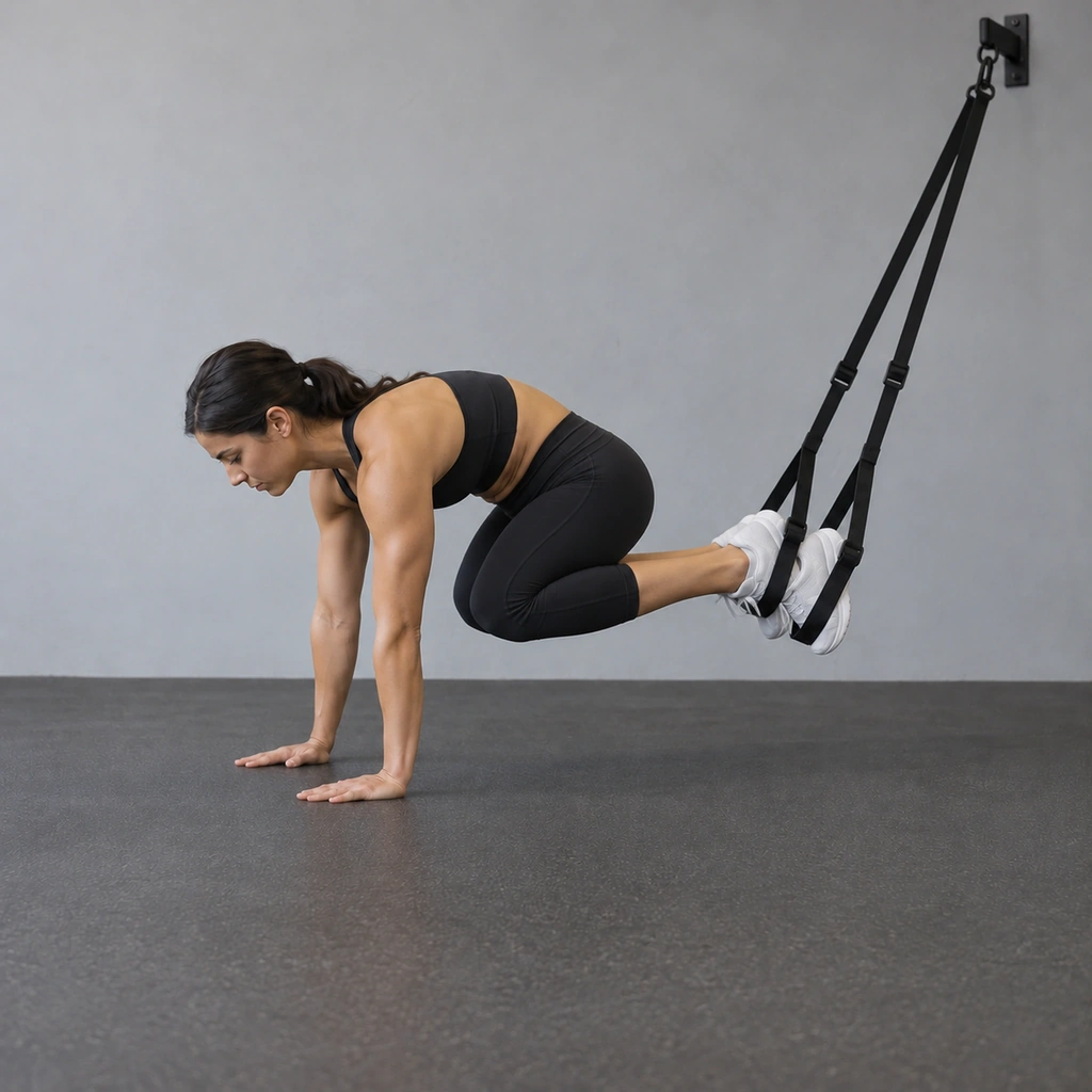 The same woman, now with her knees drawn up toward her torso, her feet still suspended in the strap handles, her lower back rounded.