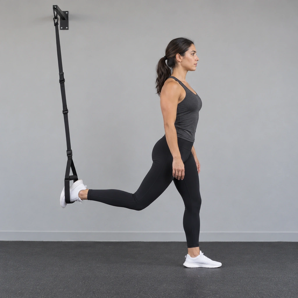 A woman standing in a split stance, her rear foot's instep resting inside a suspended handle behind her, front knee only slightly bent.