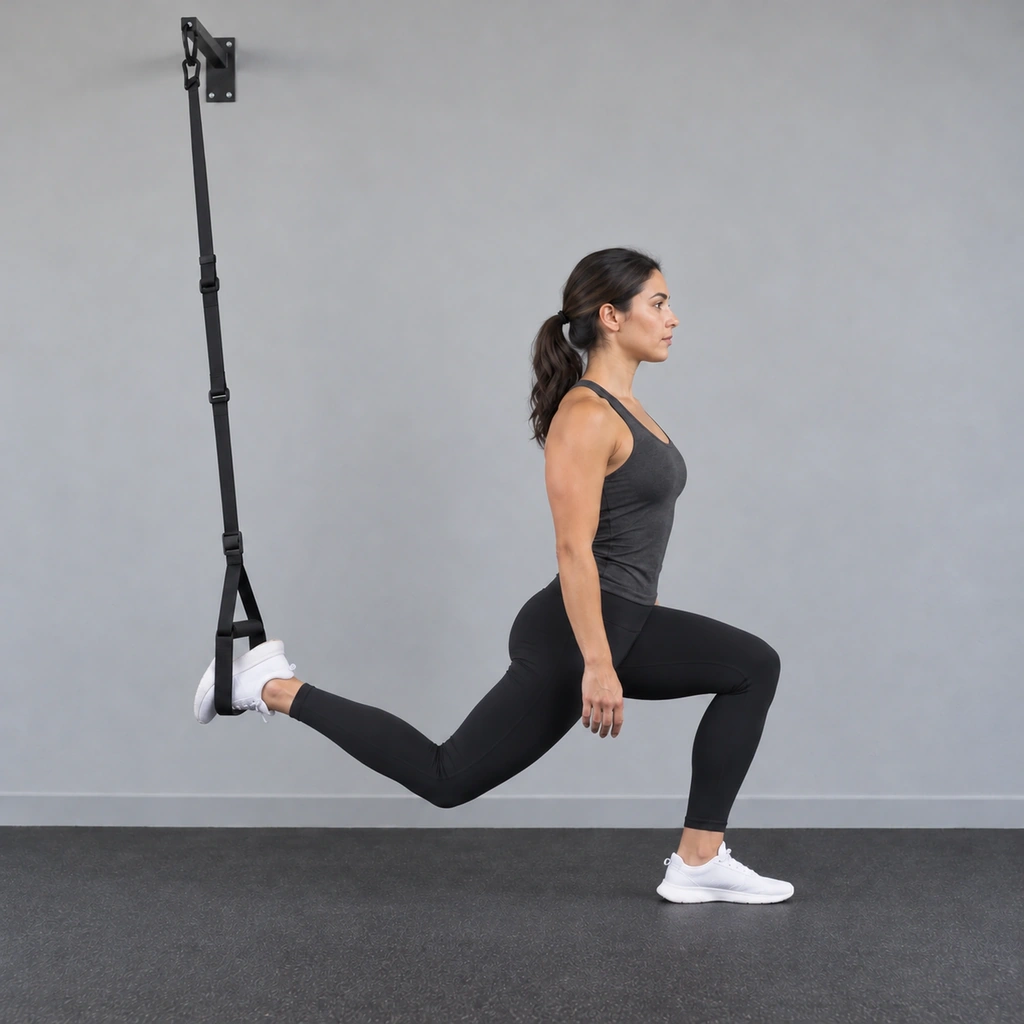 The same woman, now lower to the ground, her front knee and hip bent and her weight through her front heel, rear foot still in the suspended handle behind her.