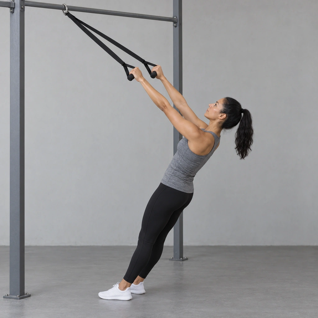 A woman leaning back from two taut straps with straight raised arms and her palms toward her face.