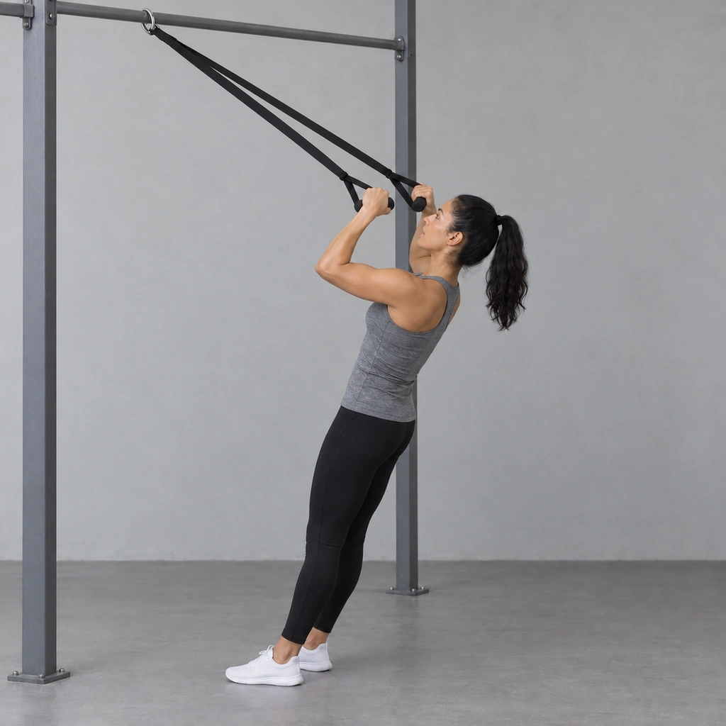 The same woman with her elbows bent and her head close to the handles, body more upright.