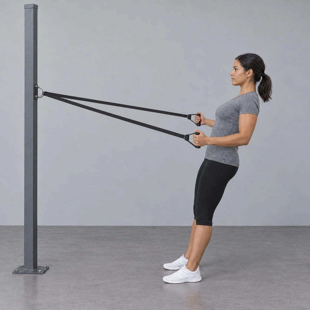 The same woman with both elbows still at her sides, both forearms turned outward so her hands are wide apart and the straps form a V.