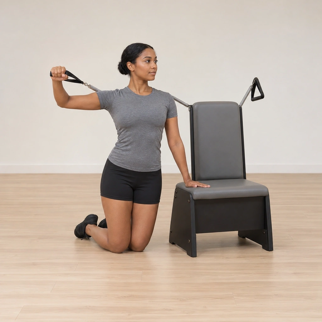 A woman kneels on both knees beside the arm chair, outside hand holding the spring handle with the elbow bent at shoulder height, hips square and off the chair.