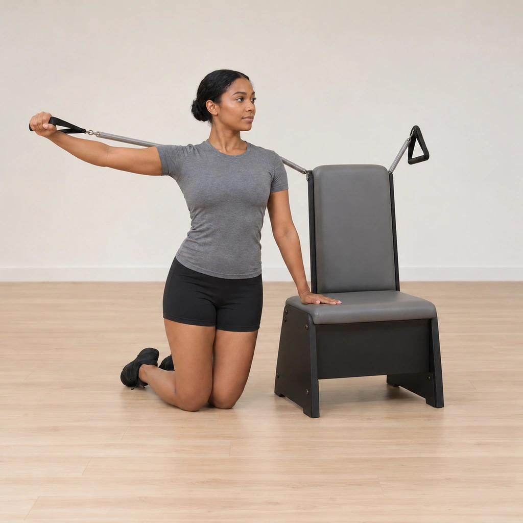 She pulls the handle outward to the side, arm extending at shoulder height, wrist straight, the spring drawing open.