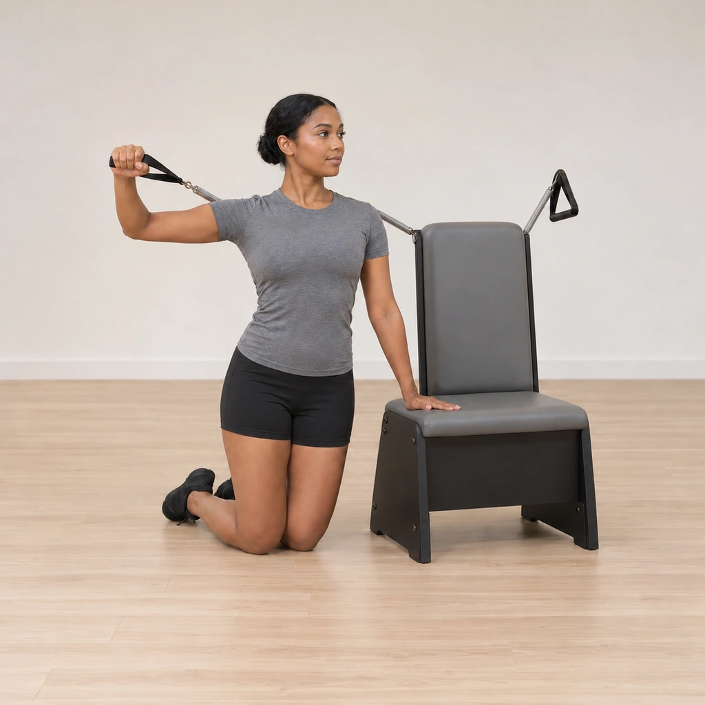 She returns to the elbow-level start and begins the next pull-out, posture unchanged.