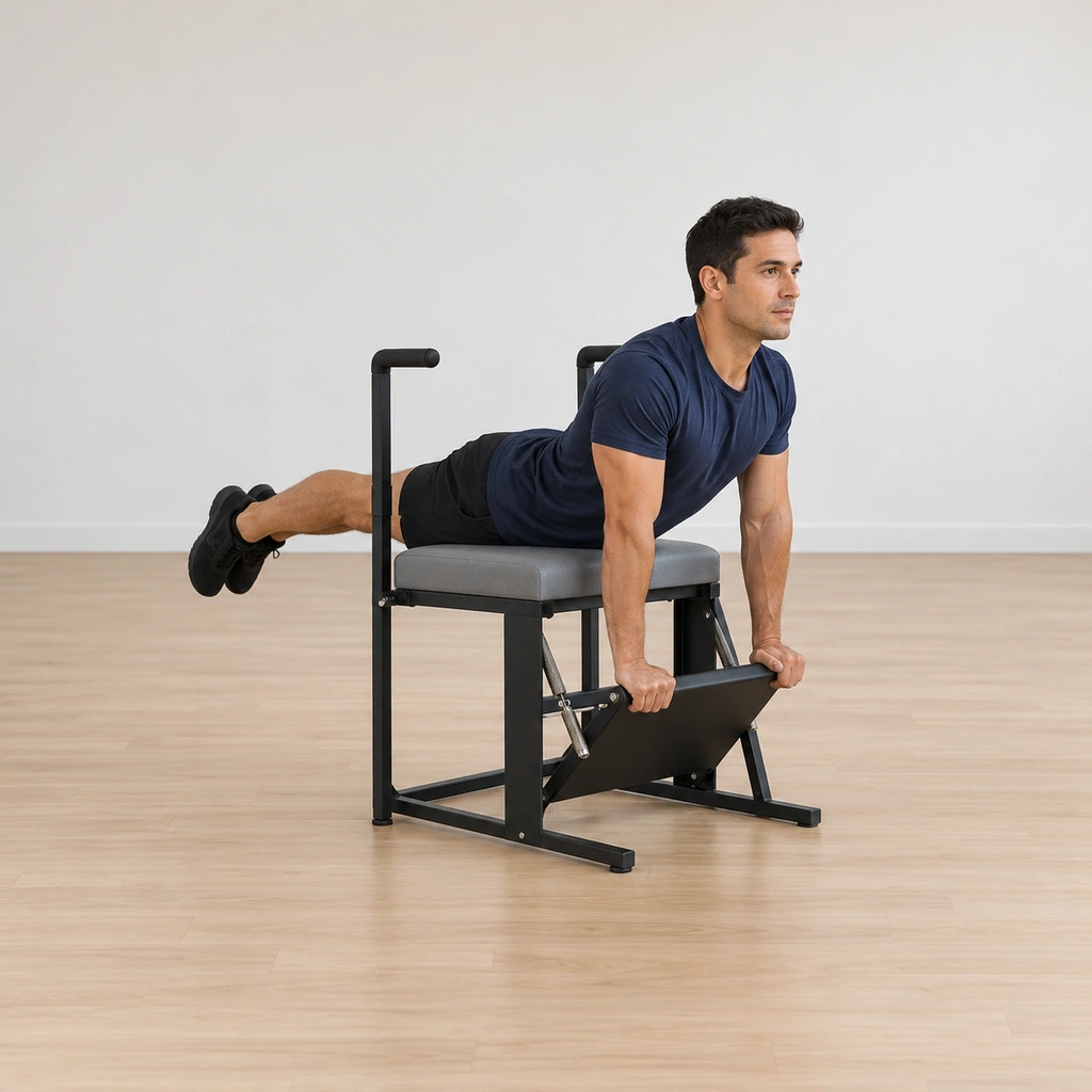 He lies prone along the wunda chair top shifted forward over the spring pedal, his legs long and hugging together, his tailbone reaching, his shoulders pulled onto his back and his heart reaching forward.
