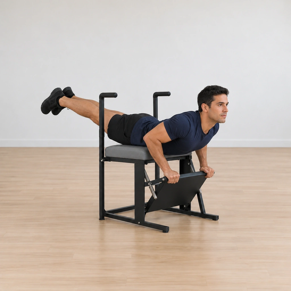 His elbows are bent pulling his chest forward and down toward the pedal while his legs lift up and away behind him, his body tipping forward over the pedal like one long piece.