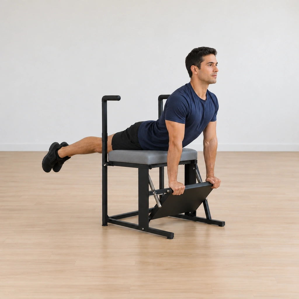 His chest is tipped up with the front of his body still stretching long, the pedal risen with him, his legs reaching long and low behind, his upper back still engaged.