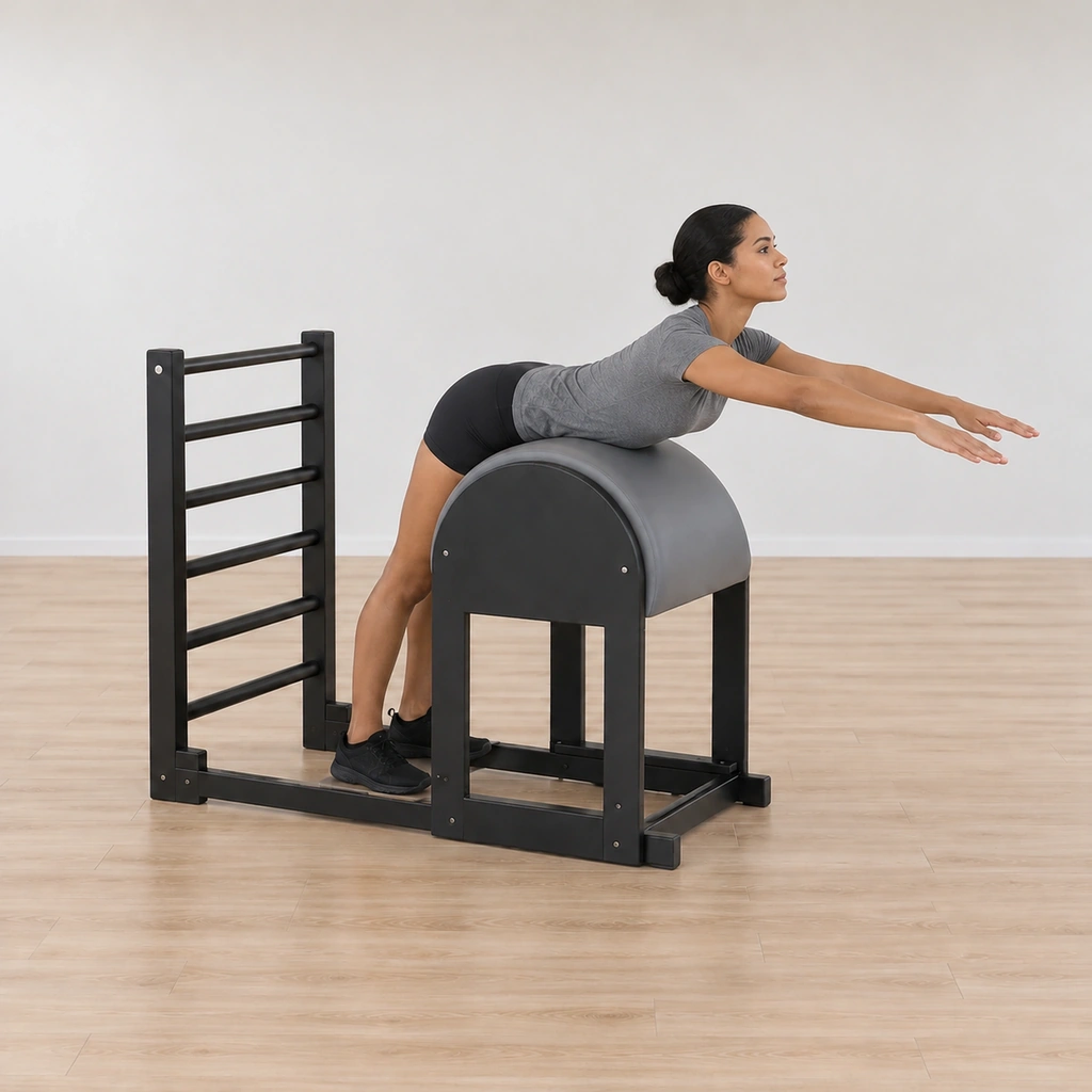 Her head and chest have begun to peel up off the barrel, the arms reaching from her back, the hips still on the apex.