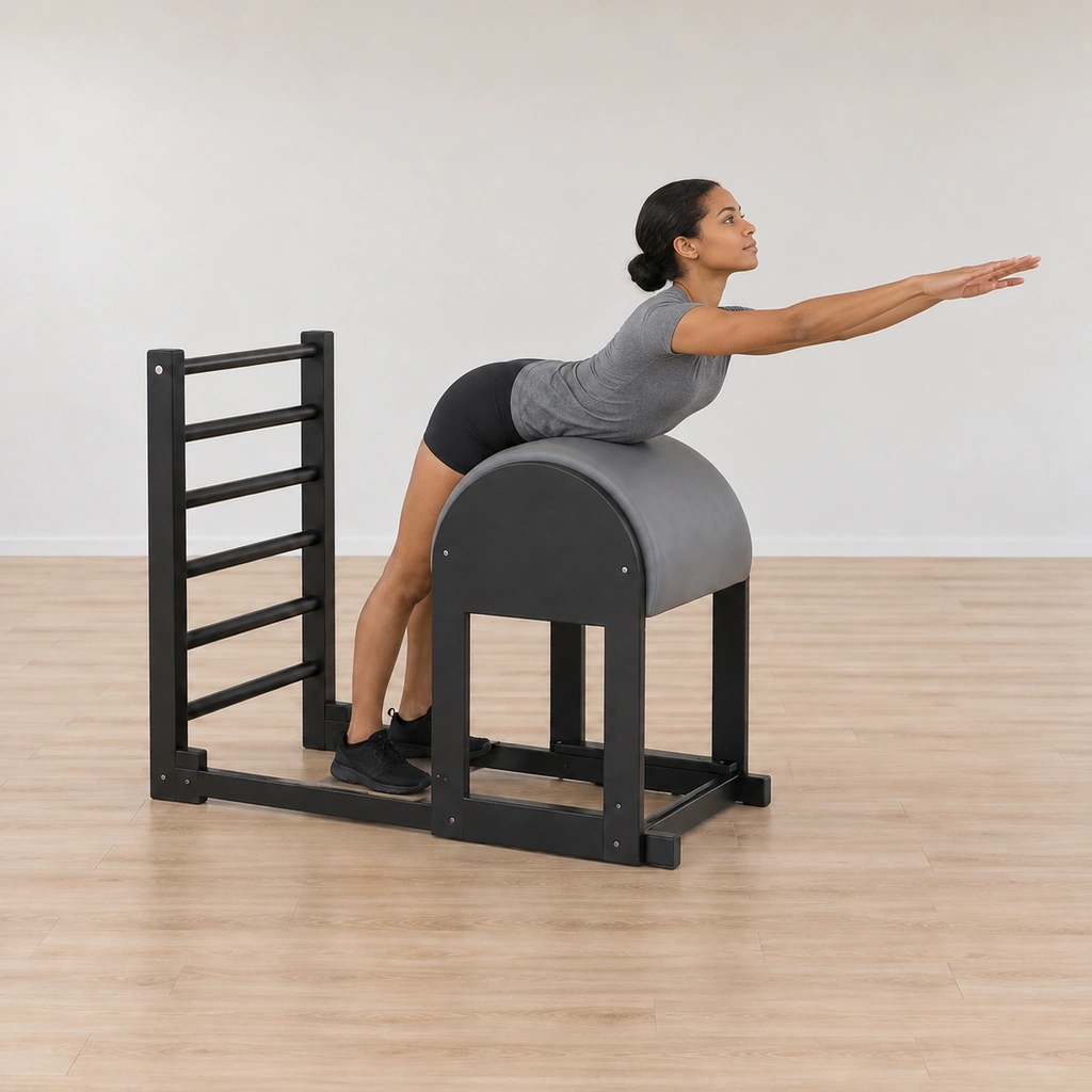 She is lifted into extension - a long diagonal line from her heels through her head to her fingers, tailbone reaching down, frontal hip points up, chest up and forward.