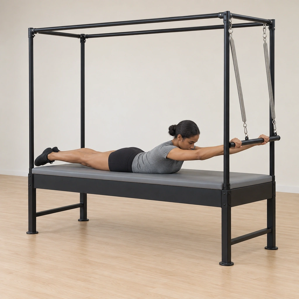 She lies prone on the table top with both hands holding the sprung push-thru bar drawn down in line with the vertical poles, her arms long and her legs extended together behind her.