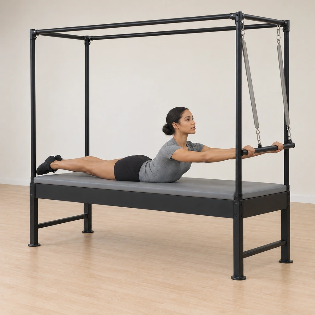 Her head and chest lift forward then up off the table into a small long extension, the sprung bar helping her find the lift while her legs stay pressed long together.