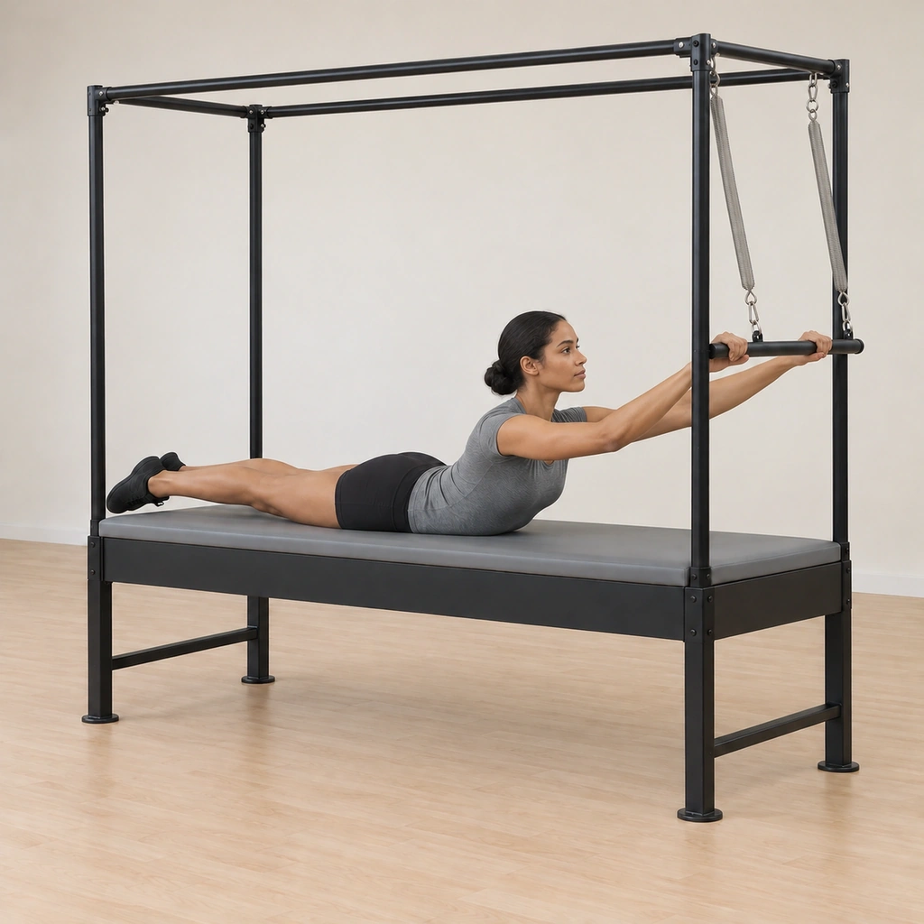 Her elbows have bent wide and now reach the bar up and away as her head, chest and spine rise into a long extension, her legs still pressing long and together on the table.