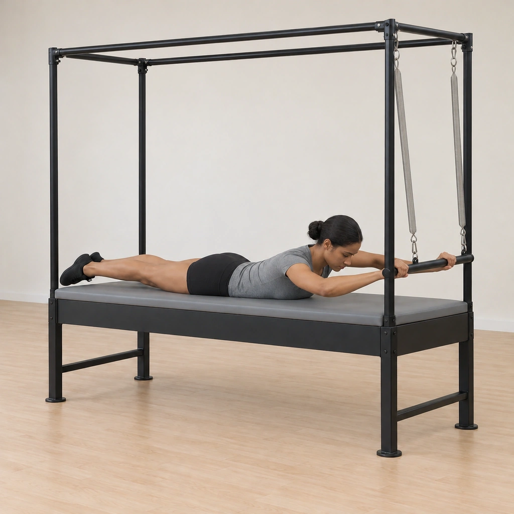 Her elbows bend wide again as her head and chest lower back toward the table, her hands keeping the bar and her legs still pressed long and together.