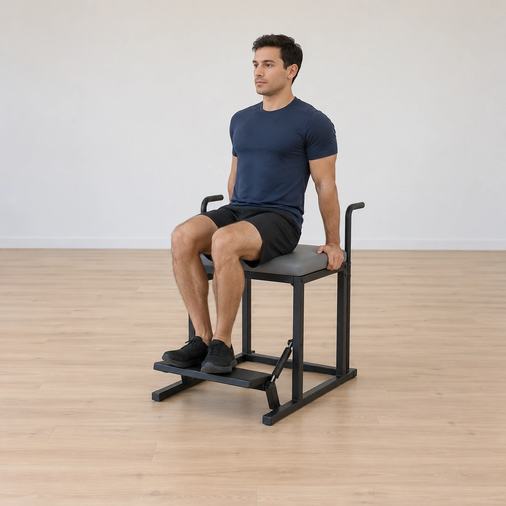 He sits on the wunda chair top facing the pedal, the balls of his feet resting on it, his hands planted back on the seat behind him, his heels together and toes apart.