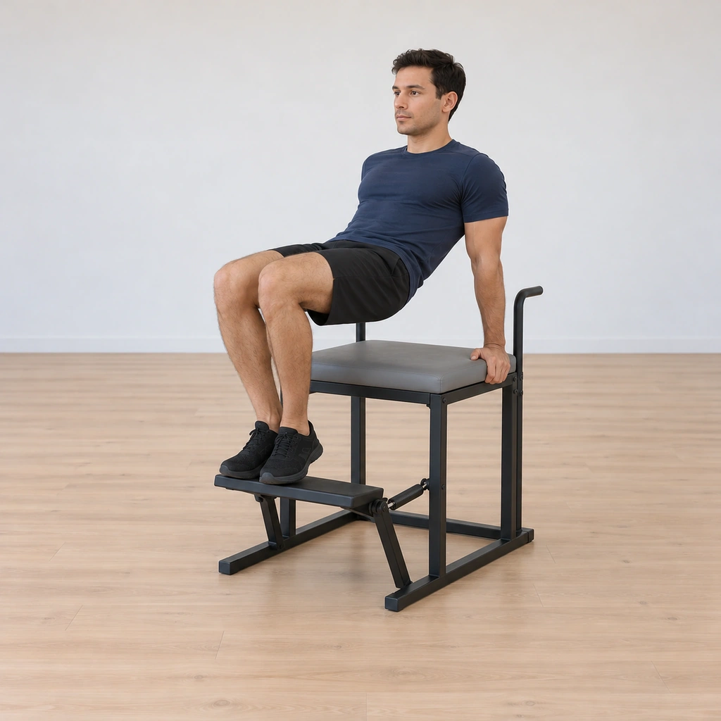 His hips are lifted up and forward off the seat into a reverse tabletop, the balls of his feet holding the pedal up, his shoulders stacked over his wrists and his elbows soft.