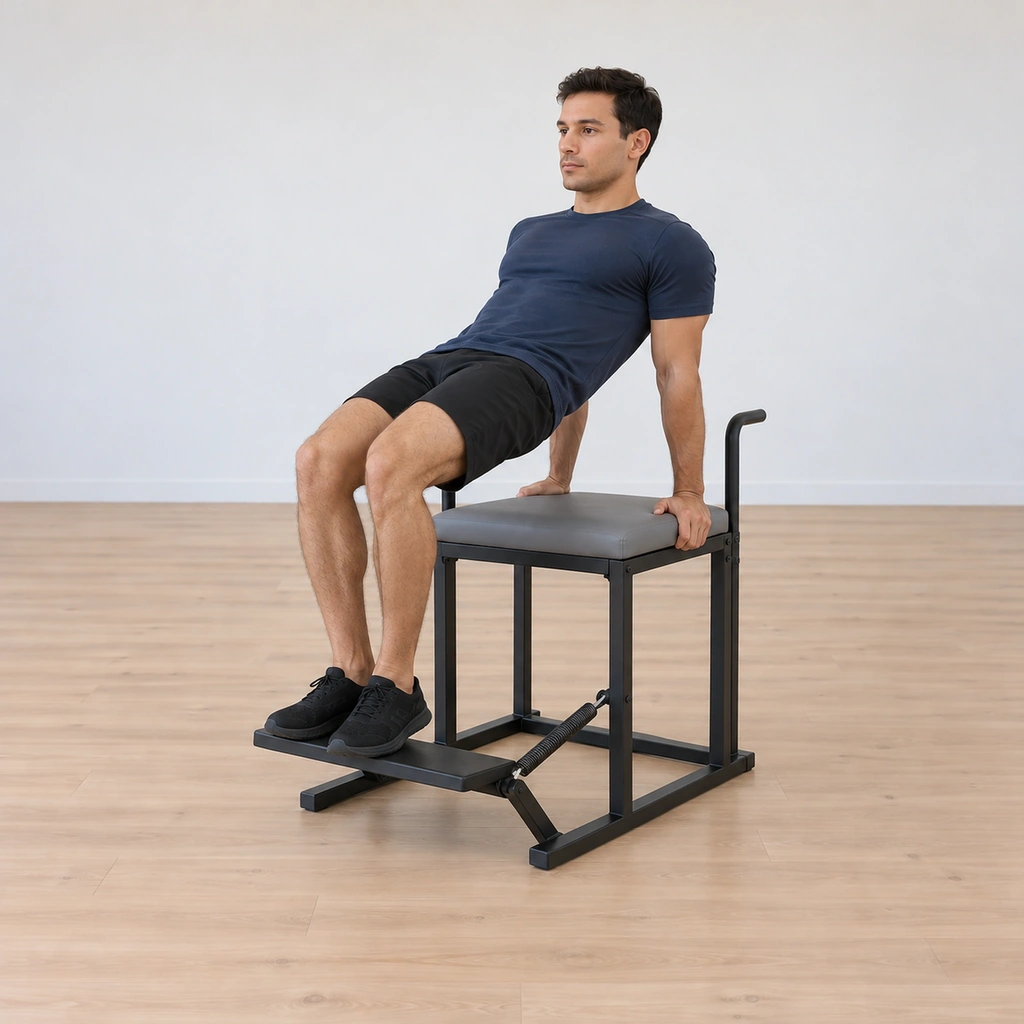 His lifted table holds while the pedal is pressed away under the balls of his feet, the spring opening, his hips still raised and his shoulders still over his wrists.