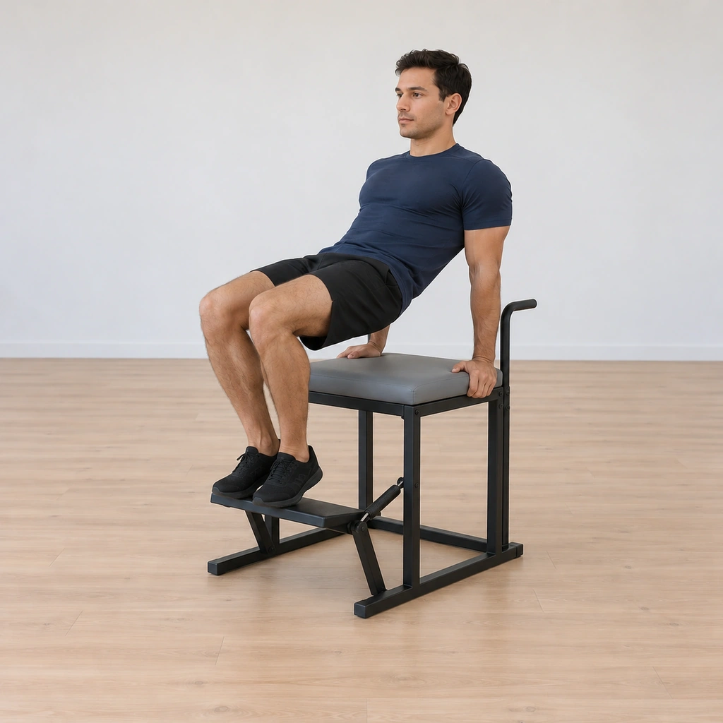 His pedal is drawn back up under the balls of his feet as the spring closes under control, his hips still lifted in the table and his shoulders still over his wrists.