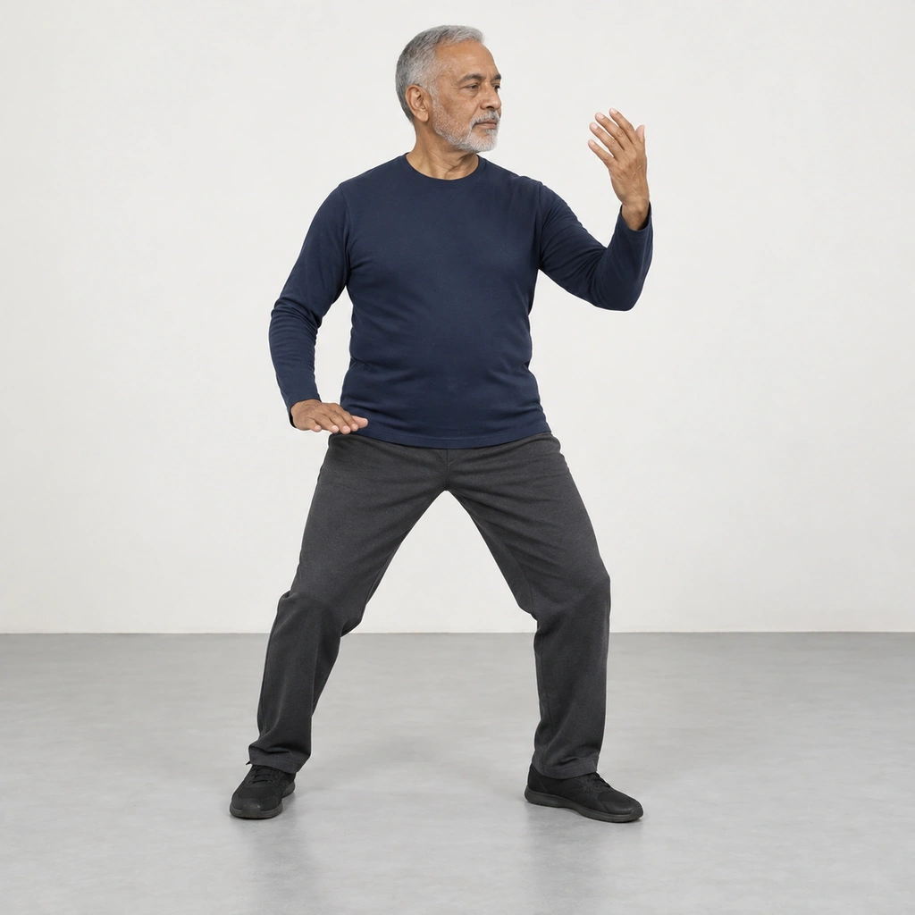 Man doing tai chi cloud hands with his weight on his left leg, chest turned left, left hand at face height and right hand at his hip.