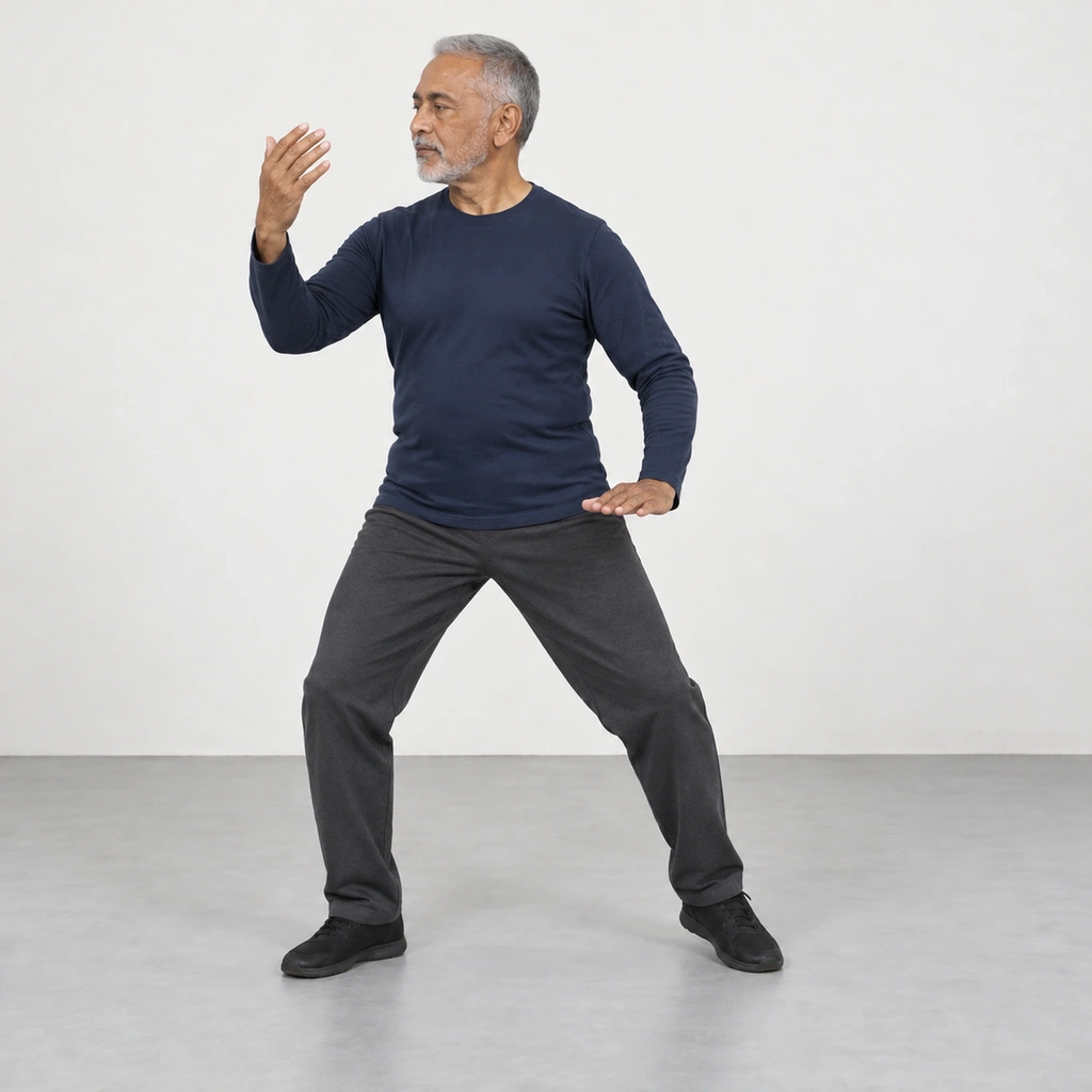 Man doing tai chi cloud hands with his weight on his right leg, chest turned right, right hand at face height and left hand at his hip.