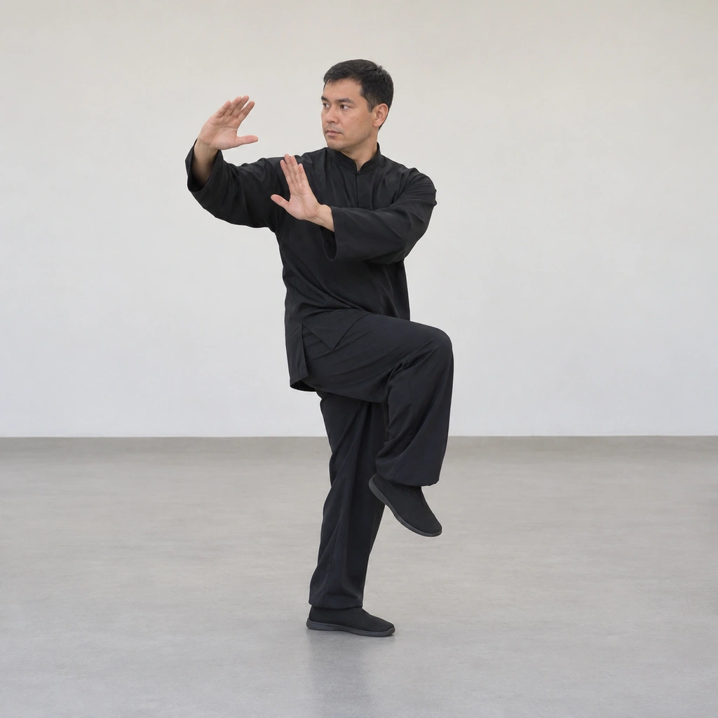 A man lifting his left foot, waist turned slightly right, both hands flowing to the right side of his body.