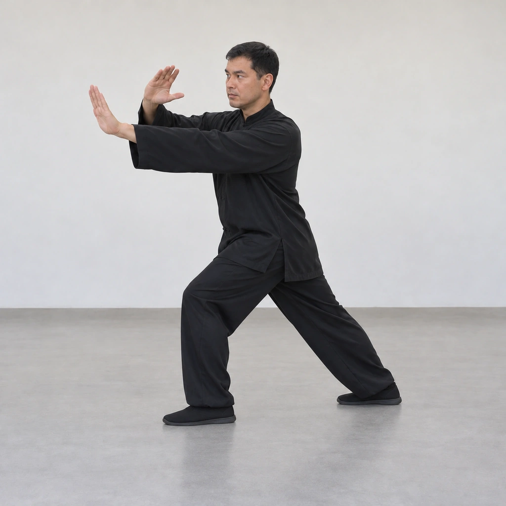 A man in his bow stance pushing both hands out in front, the left hand extending at the end of the weight shift.