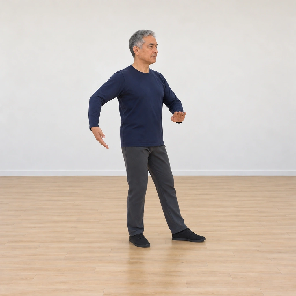 His weight is settled on his right leg and his centreline turned right, his right arm rounded pulling back with the fingers pointing down-and-forward palm-in, his left palm facing it at lower-rib height.