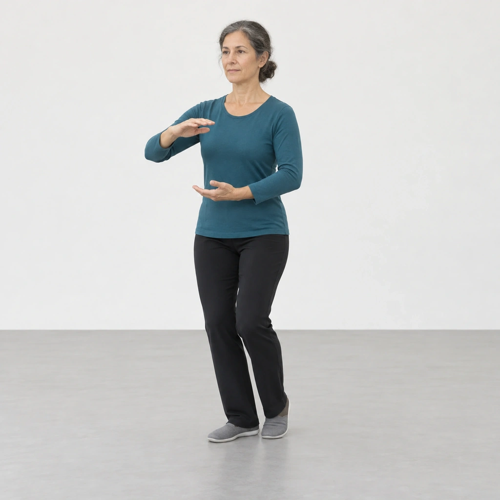 Woman starting tai chi parting the wild horse's mane, weight on her right leg, left toes resting beside her right foot, hands curved as if holding a large ball.