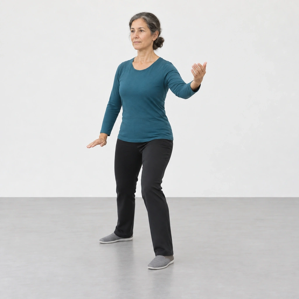 Woman doing tai chi parting the wild horse's mane in a soft left bow stance, left hand forward at shoulder height and right hand pressing down beside her hip.