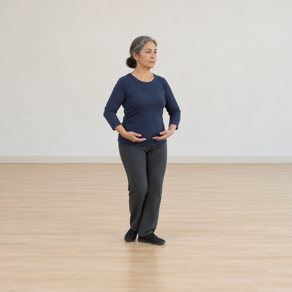 She stands with her right foot set toe-out beside her left heel, both hands circled down to rest at her hips.