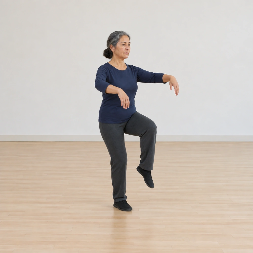 She balances on her right leg, her left knee lifted and both arms risen in front of her, her hands and her left toes pointing lightly downward like a marionette.