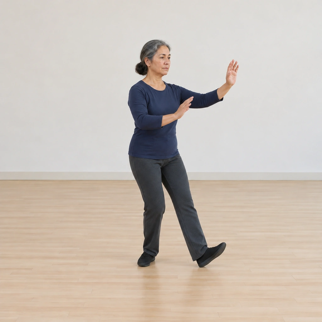 Her left heel is lowering toward the floor as her elbows sink, her hands and her left toes turning to point up and out.