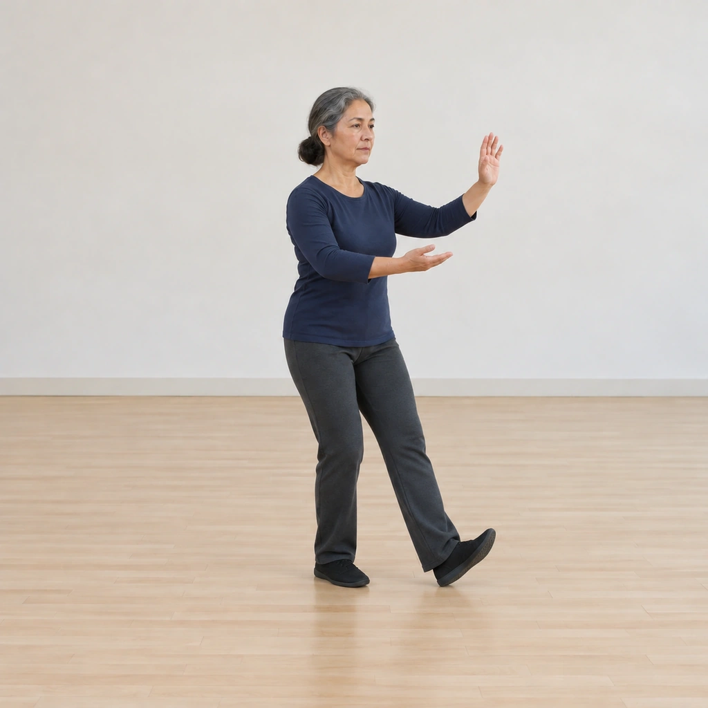 She holds the heel stance, her left heel resting lightly forward, both forearms angled up with her right hand in line with her left elbow.