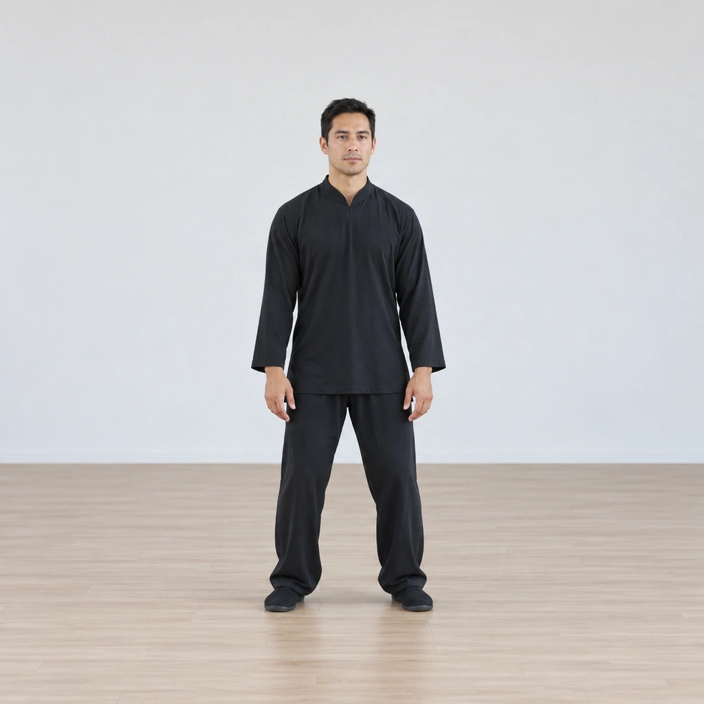 A man standing balanced at shoulder width, arms hanging soft, his posture settled downward.