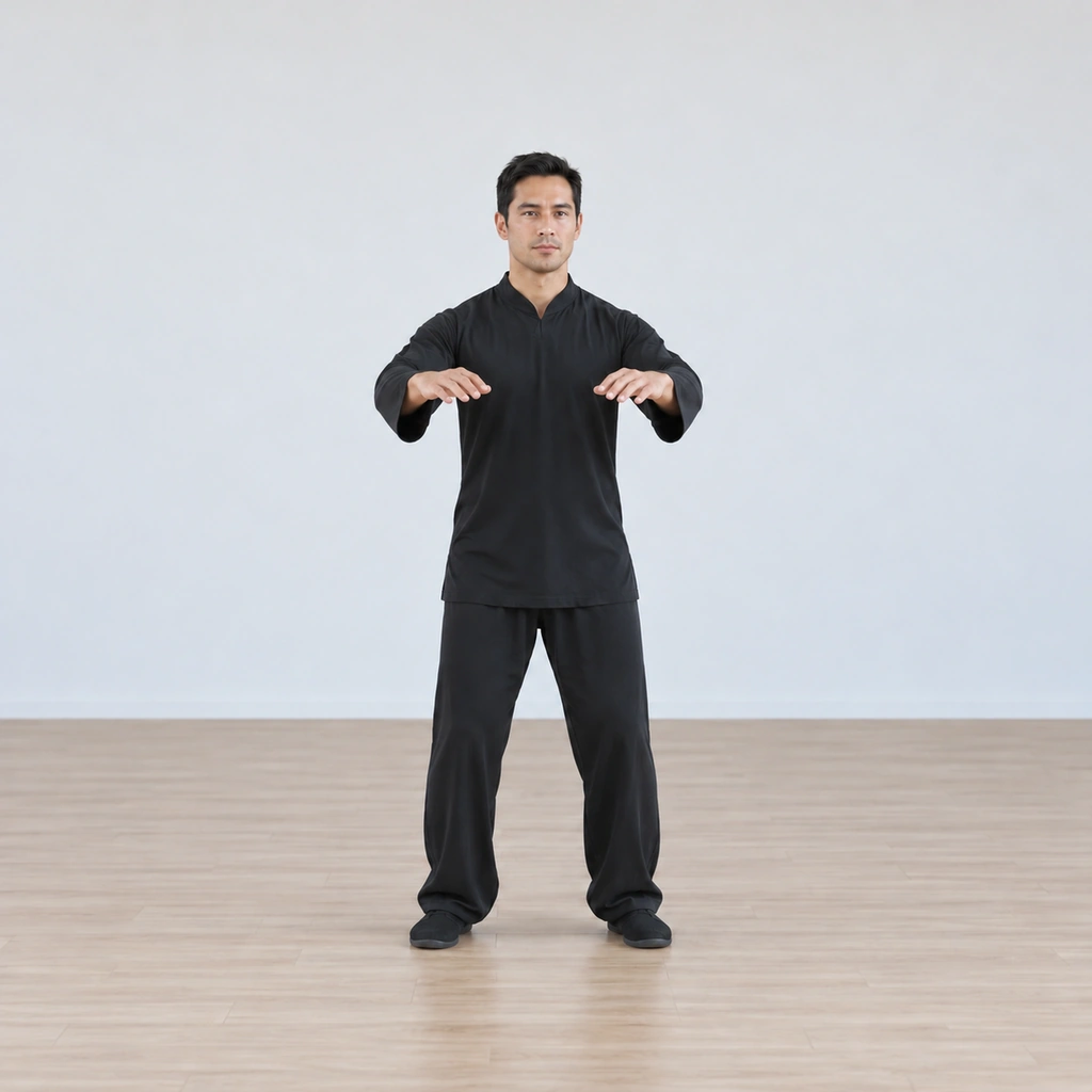 A man with both arms rising softly in front of him toward shoulder height, all joints relaxed.