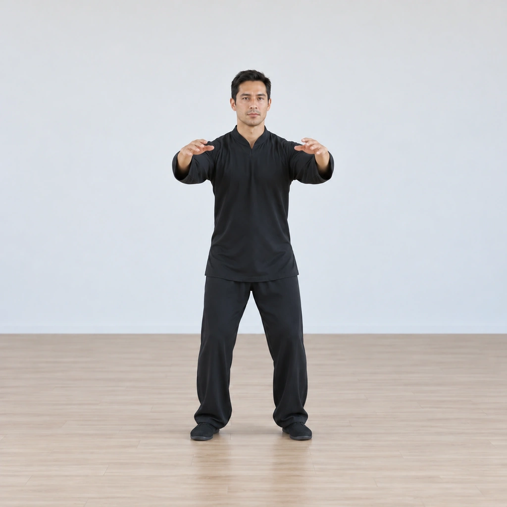 A man standing with both arms at shoulder height, tailbone sunk and waist bowed very slightly forward, all joints soft.