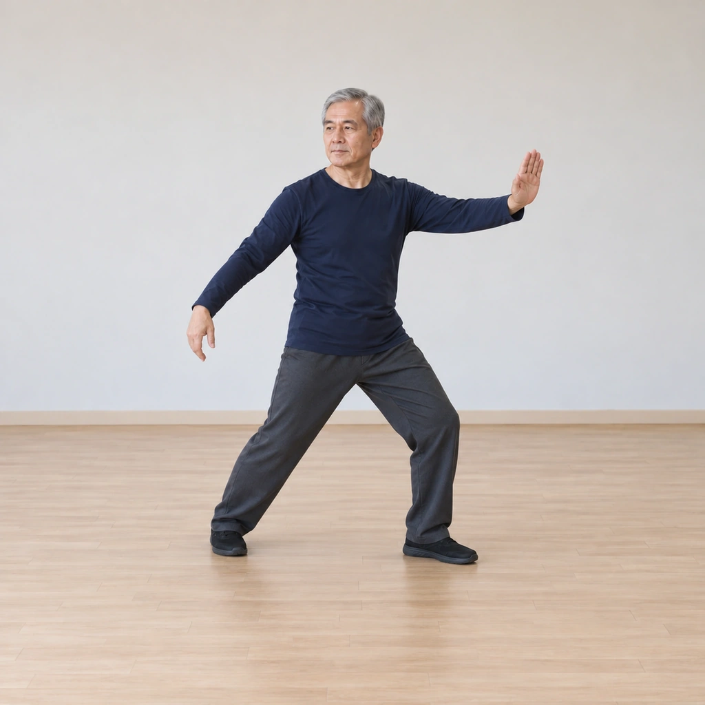 He is stepping into a left-lead bow stance, his right hand whipping out to his side while his left hand circles upward across his body.
