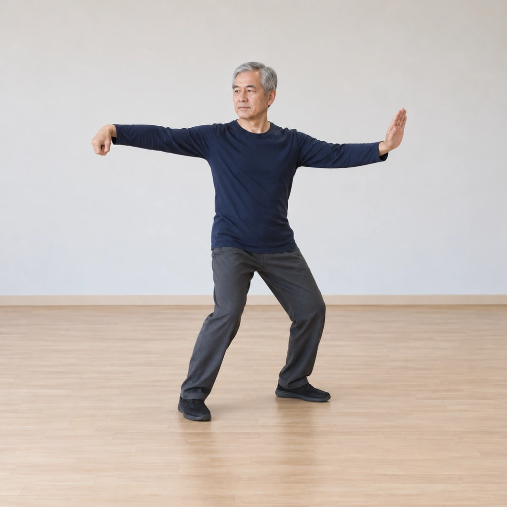 He sits in the left bow stance, his right hand extended to the side in a down-pointing hook - the four fingers curled to the thumb - and his left palm pressed out at shoulder height.